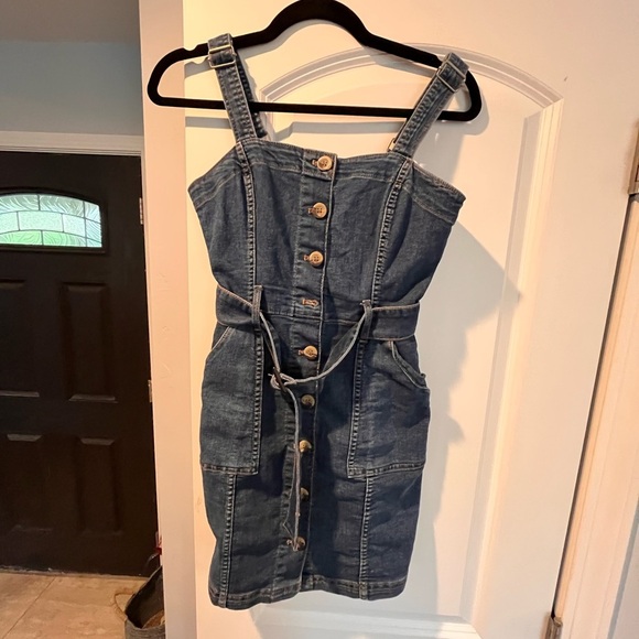 Denim Button-Down Dress with Belt - Picture 1 of 7